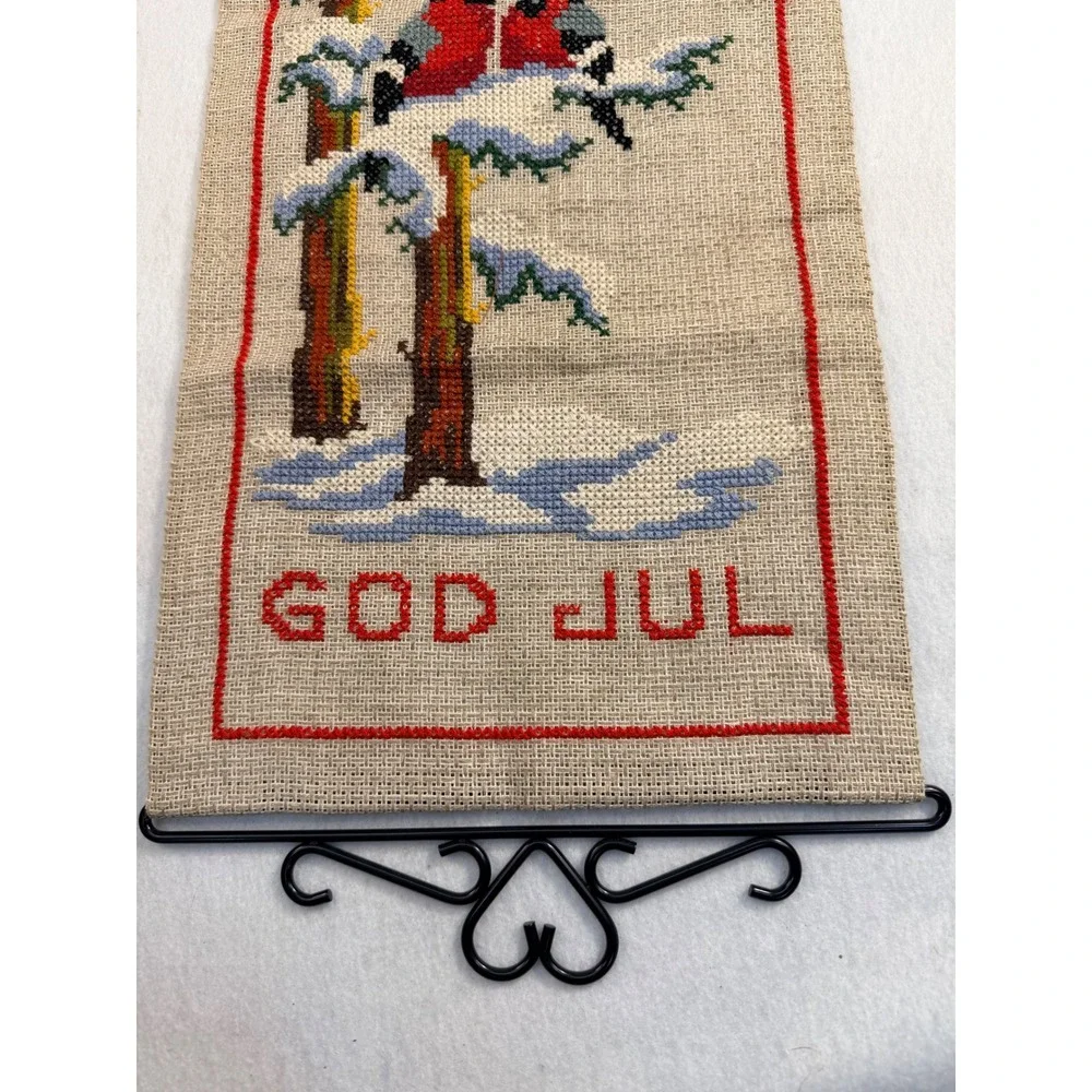 Vintage God Jul Scandinavian Cross Stitch Wall Hanging Winter Birds Cabin 31in